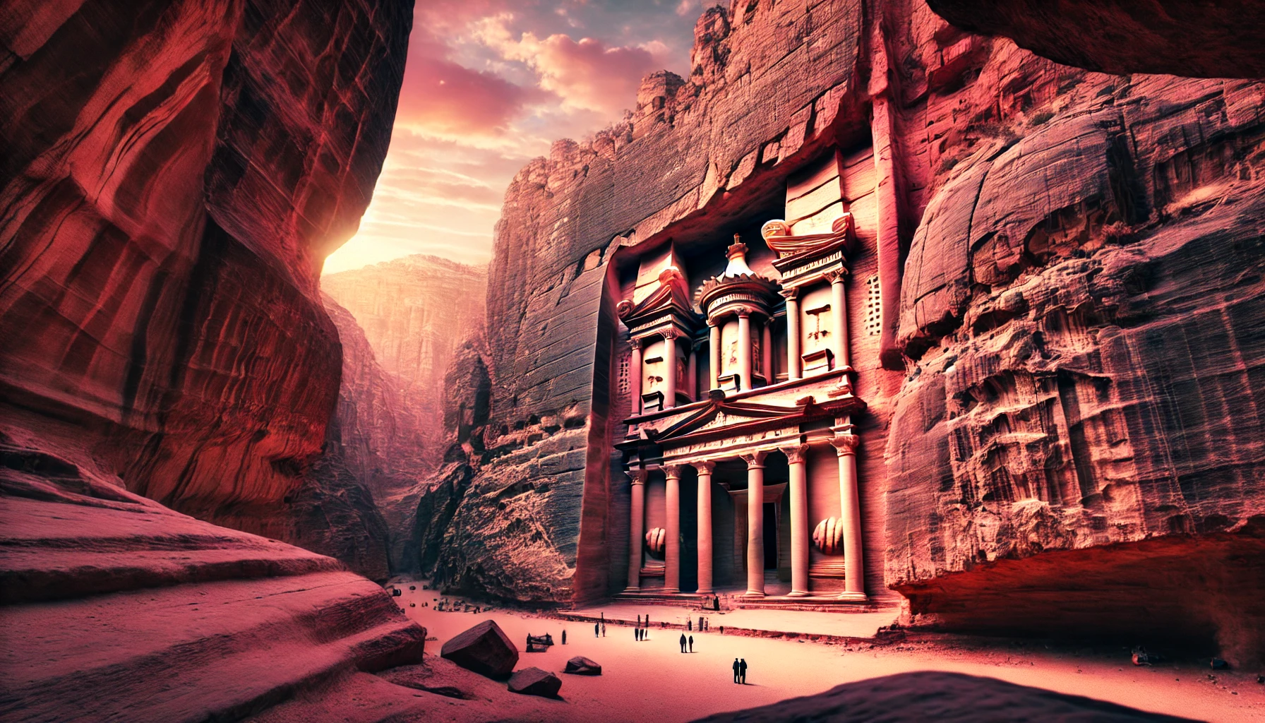 Petra – The Jewel of Jordan: A stunning view of Petra, the ancient city carved into rose-red cliffs in Jordan, showcasing the iconic Treasury (Al-Khazneh) with its intricate facade surrounded by towering sandstone cliffs. Sunlight casts a warm glow, enhancing the pink hues of the rock formations. Visitors are seen approaching the Treasury through the narrow Siq Canyon, adding scale and wonder to the scene.